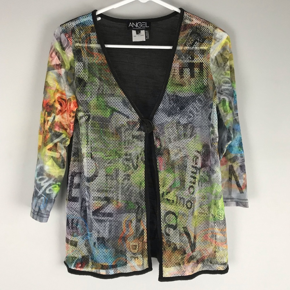 Angel apparel fishnet button front print cardigan